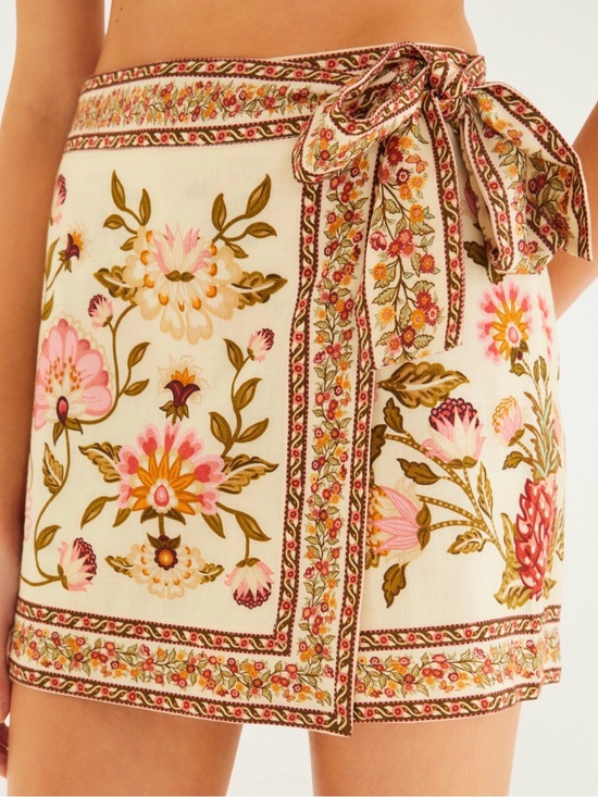 FARM Rio Pants - FARM Rio Cream Floral Wrap Skort with Pink & Olive Accents